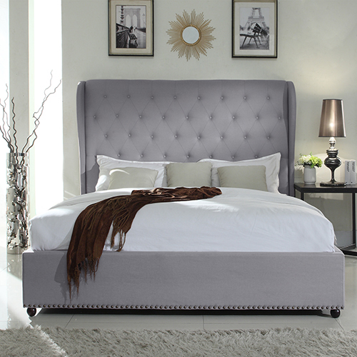 Paris Quality Linen Fabric Upholstered Wing Queen Grey Bed Frame With Diamond Tufted Detailing High Bedhead
